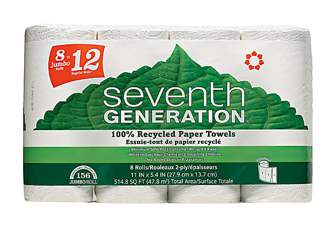 Seventh Generation 100% Recycled Paper Towels - 2 Ply - 156 Sheets/Roll - White - Paper - Absorbent, Chlorin - 0