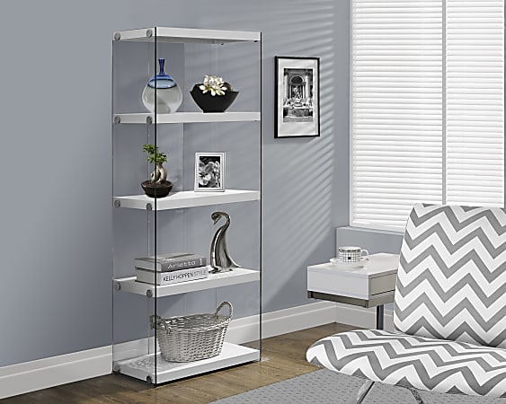 Monarch Specialties Open-Concept 60"H 5-Shelf Bookcase, Glossy White