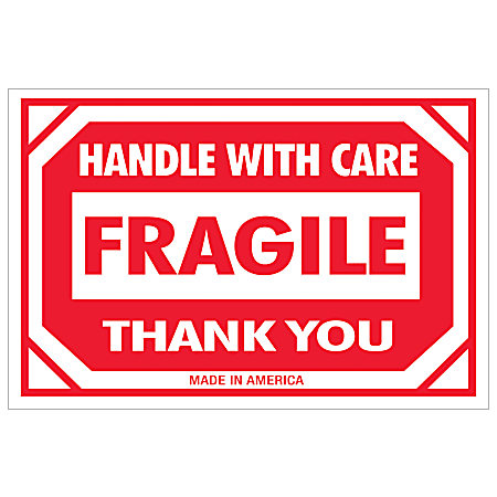 Tape Logic® Preprinted Shipping Labels, DL1053, Fragile — Handle With Care, Rectangle, 2" x 3", Red/White, Roll Of 500