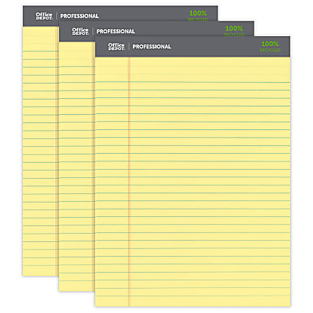 Office Depot® Brand Perforated Pads, 8 1/2" x 11 3/4", Wide Ruled, 50 Sheets, Canary, Pack Of 3