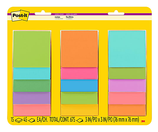 Post-it® Super Sticky Notes, 3 in x 3 in, 15 Pads, 45 Sheets/Pad, 2x the Sticking Power, Playful Primaries and Energy Boost Collections