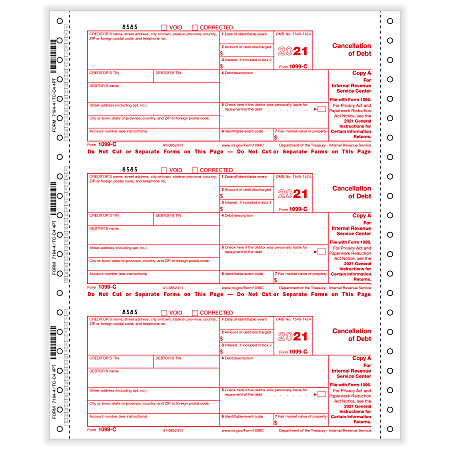 ComplyRight™ 1099-C Tax Forms, 4-Part, Copy A, State, B, C, 1-Wide, Continuous, 9" x 11", Pack Of 100 Forms
