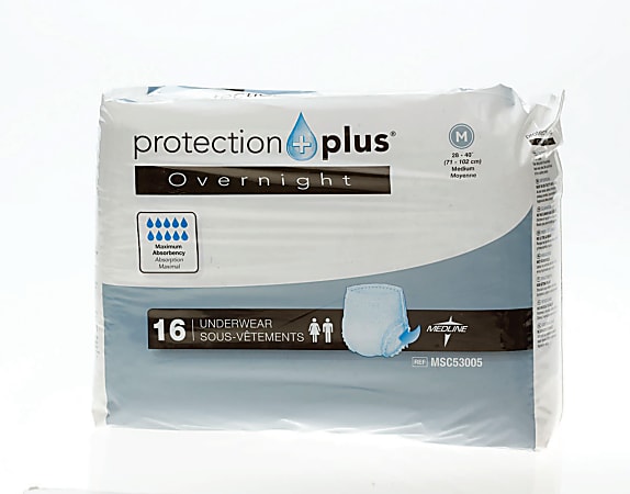 Protection Plus Overnight Protective Underwear, Medium, 28 - 40", White, Bag Of 16