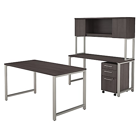 Bush Business Furniture 400 Series 60"W x 30"D Table Desk with Credenza, Hutch and 3 Drawer Mobile File Cabinet, Storm Gray, Premium Installation