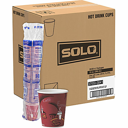 SOLO&reg; Paper Hot Drink Cups in Bistro&reg; Design, 3.35" Diameter x 3.82" h, 10oz, Maroon, 1,000/CT