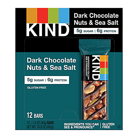 KIND Dark Chocolate, Nuts & Sea Salt Bars, 1.41 Oz, Box Of 12