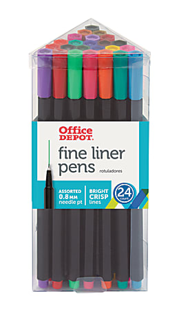 Office Depot® Brand Fine Liner Porous-Point Pens, Medium Needle Point, 0.8 mm, Black Barrels, Assorted Ink Colors, Pack Of 24