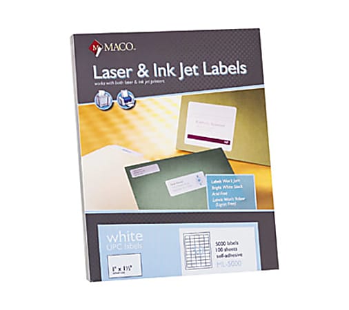 MACO® Laser/Ink Jet White UPC Labels, MACML5000, Permanent Adhesive, 1"W x 1 1/2"L, Rectangle, White, 50 Per Sheet, Box Of 5,000