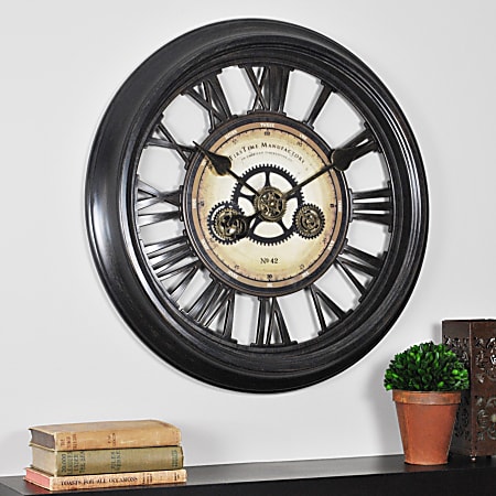 FirsTime® Gear Works Round Wall Clock, 24", Metallic Black/Brown