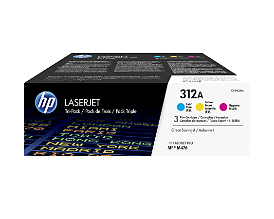 HP 312A Cyan, Magenta, Yellow Toner Cartridges, Pack Of 3, CF440AM