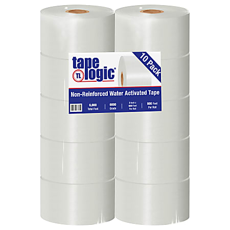 Tape Logic® Water-Activated Packing Tape, 3" Core, 3" x 200 Yd., White, Case Of 10