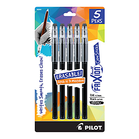 Pilot® FriXion Ball Erasable Gel Color Stix Pens, Fine Point, 0.7 mm, Black Ink, Pack Of 5