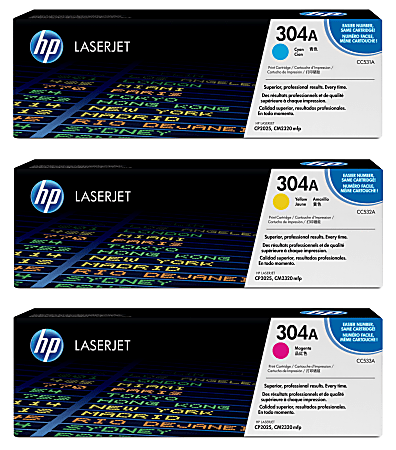 HP 304A Cyan, Magenta, Yellow Toner Cartridges Combo, Set Of 3, CC531A,CC532,CC533A