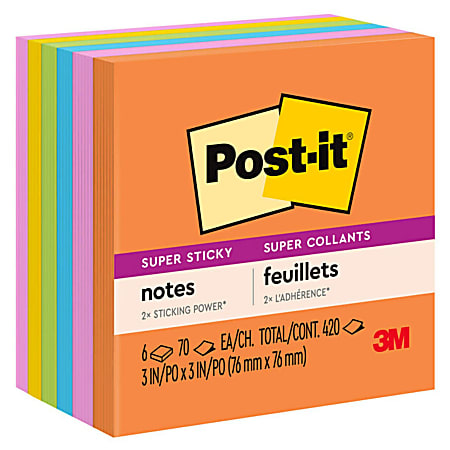 Post-it Super Sticky Notes, 3" x 3", Energy Boost Collection, Pack Of 6 Pads