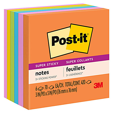 Post it Super Sticky Notes 3 in x 3 in 5 Pads 90 SheetsPad 2x the Sticking  Power Supernova Neons Collection - Office Depot