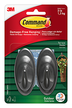 Command Outdoor Terrace Plastic Hooks With All-Weather Removable Strips, 3 Lb, 3"H x 1"W x 1"D, Slate, Set Of 2 Hooks and 4 Strips
