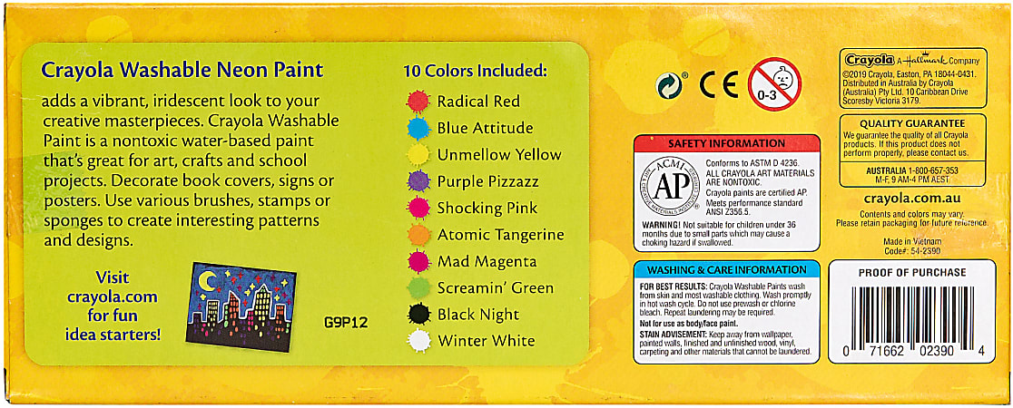 Cra-Z-Art Neon Washable Kids' Paint, 6 Assorted Colors, 2 oz, 6/Set  (106466)