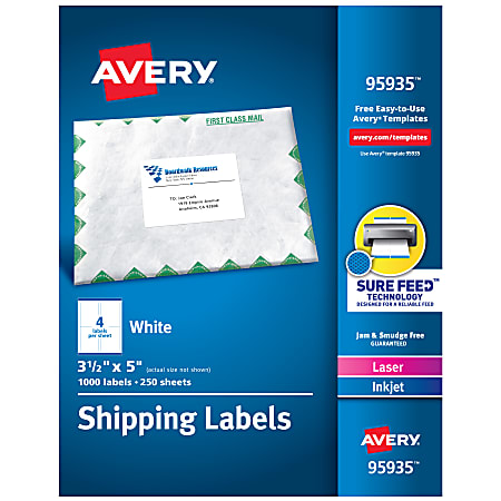 Avery® Shipping Labels, Sure Feed® Technology, Permanent Adhesive, 3-1/2” x 5”, 1,000 Labels (95935)