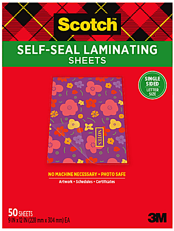 Scotch™ Self-Seal Laminating Sheets, 8-1/2" x 11", Single Sided, Letter Size, Clear, 50 Sheets, LS854SS-50