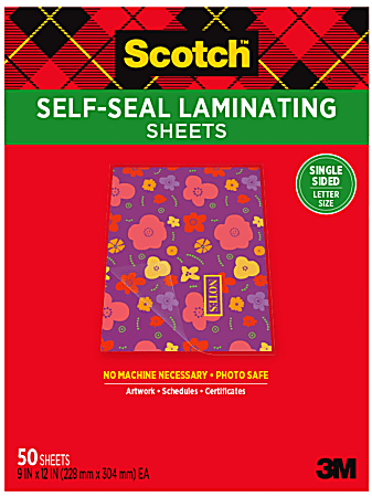 Scotch® Self-Seal Laminating Sheets, 50 Laminating Sheets, Fits Letter Size (9 in. x 12 in.) Paper - LS854SS50