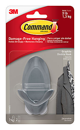 3M™ Command™ Damage-Free Removable Plastic Hooks, 3"H x 1"W x 1 1/2"D, Graphite