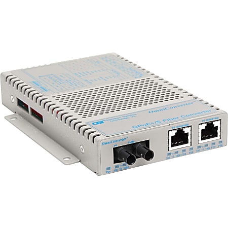 Omnitron OmniConverter 10/100/1000 PoE+ Gigabit Ethernet Fiber Media Converter Switch RJ45 ST Multimode 550m Wide Temp - 2 x 10/100/1000BASE-T; 1 x 1000BASE-SX; US AC Powered; Lifetime Warranty