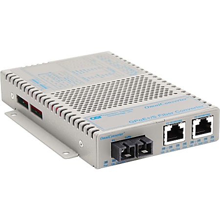 Omnitron OmniConverter 10/100/1000 PoE+ Gigabit Ethernet Fiber Media Converter Switch RJ45 SC Multimode 550m Wide Temp - 2 x 10/100/1000BASE-T; 1 x 1000BASE-SX; US AC Powered; Lifetime Warranty