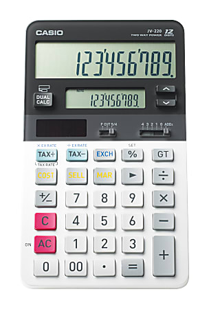 Casio JV220 Desktop Calculator - Large Display - 12 Digits - Battery/Solar Powered - White - 1 Each