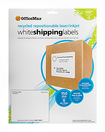 OFFICEMAX Recycled Repositionable Laser-Inkjet Labels, 3-1/3" x 4", 150/Pk