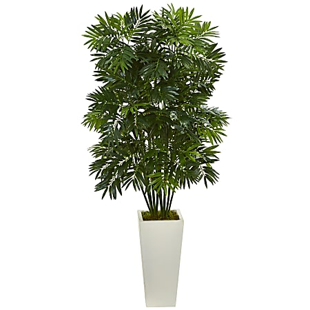 Nearly Natural Mini Bamboo Palm 49" Artificial Plant With Tower Planter, Green/White