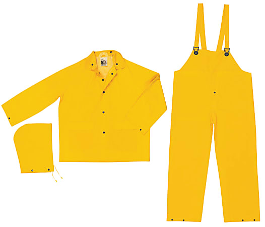 Three-Piece Rain Suit, Jacket/Hood/Bib Pants, 0.35 mm PVC/Poly, Yellow, 6X-Large