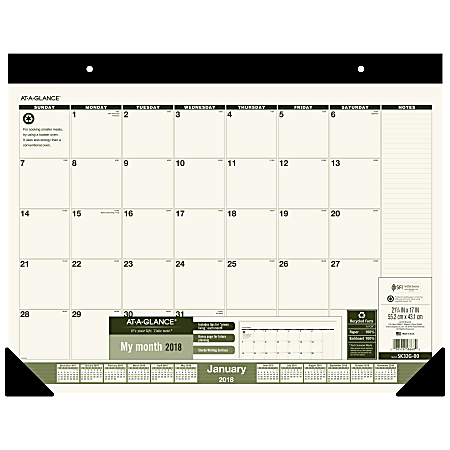AT-A-GLANCE® Monthly Desk Pad Calendar, 17" x 22", 100% Recycled, Green, January to December 2018 (SK32G00-18)