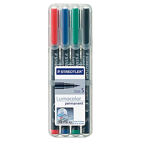 Staedtler® Lumocolor Permanent Markers, Fine Point, Black Barrel, Assorted Ink, Pack Of 4