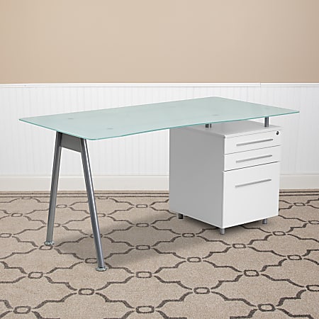 Flash Furniture Contemporary Glass 59"W Computer Desk With 3-Drawer Pedestal, Frost/White