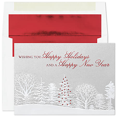 Custom Foil-Embellished Holiday Greeting Cards With Foil-Lined Envelopes, 7-7/8" x 5-5/8", Fresh Holidays/Red-Lined Envelopes, Box Of 25