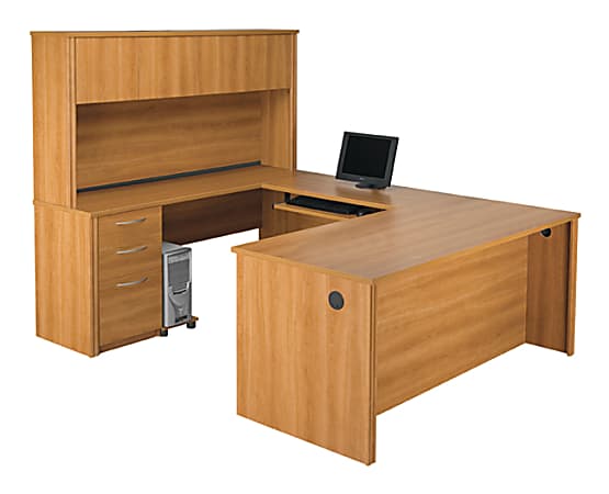 Bestar Embassy U-Shaped Workstation With Hutch And Executive Desk, 66 3/4"H x 91 1/2"W x 66 3/4"D, Cappuccino Cherry