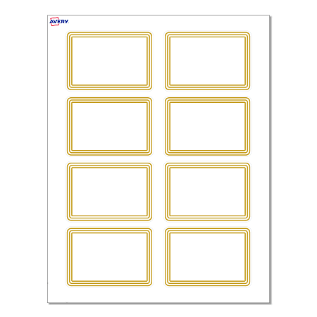 Avery® Adhesive Name Badges, S00-EXZ-PRFNB10, Rectangle, 2-1/3" x 3-3/8", Matte White, Preprinted Multi-Lined Gold Border Design, Pack Of 80
