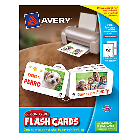 Avery® Custom-Print Flash Cards With Ring And Tabs, 3" x 5", White, Pack Of 100