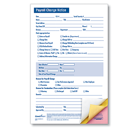 ComplyRight Payroll Change Notice Forms, Small, 3-Part, 5 1/2" x 8 1/2", White, Pack Of 50