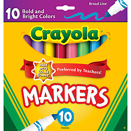 Crayola® Bold And Bright Broad Line Markers, Conical Point, White Barrel, Assorted Ink Colors, Box Of 10 Markers