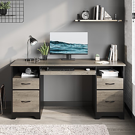 Bestier 59"W Double-Pedestal Executive Computer Desk With Open Storage &amp; Drawer, Gray