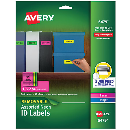 Avery® Removable Laser/Inkjet Organization Labels, AVE6479, 1" x 2 5/8", Assorted Colors, Pack Of 360