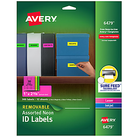 Avery® Removable Laser/Inkjet Organization Labels, AVE6479, 1" x 2 5/8", Assorted Colors, Pack Of 360