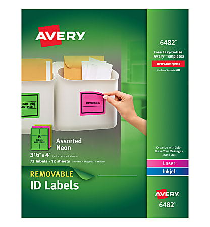 Avery® Removable Laser/Inkjet Organization Labels, AVE6482, 3 1/3" x 4", Assorted Colors, Pack Of 72
