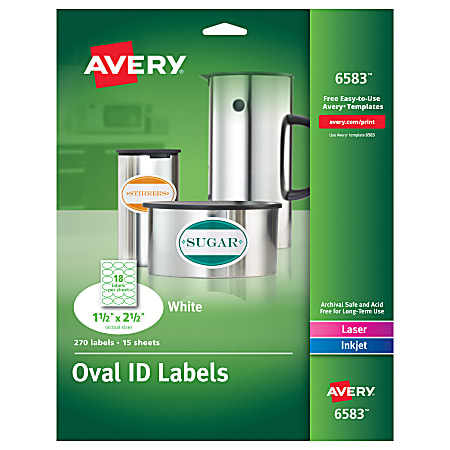 Avery® White Oval Labels - Permanent Adhesive - 1 1/2" Width x 2 1/2" Length - Oval - Inkjet, Laser - White - 18 / Sheet - 270 / Pack
