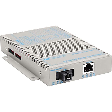Omnitron OmniConverter 10/100 PoE+ Ethernet Single-Fiber Media Converter Switch RJ45 SC Single-Mode BiDi 20km - 1 x 10/100BASE-TX; 1 x 100BASE-BX-U (1310/1550); US AC Powered; Lifetime Warranty