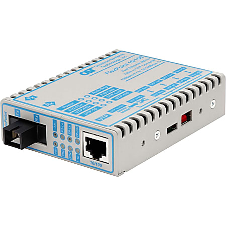 Omnitron FlexPoint 10/100 Ethernet Fiber Single-Fiber Media Converter RJ45 SC Single-Mode BiDi 20km - 1x 10/100BASE-TX; 1x 100BASE-BX-U - 4357-11
