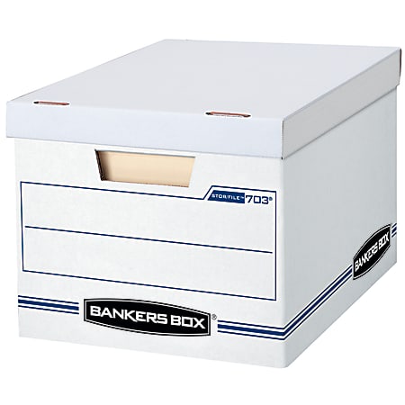 Bankers Box StorFile Standard Duty Storage Boxes With Lift Off Lids And  Built In Handles LetterLegal Size 10 x 12 x 15 WhiteBlue Case Of 13 -  Office Depot