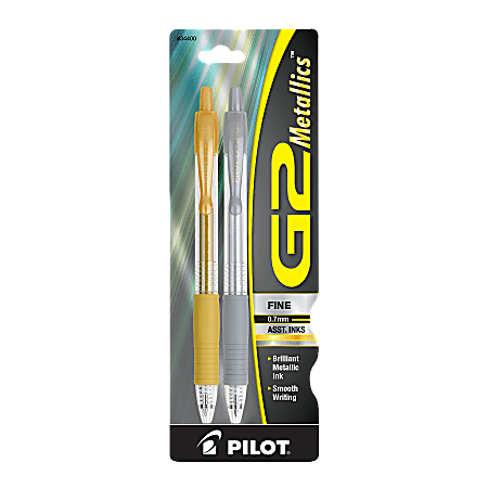 Pilot® G2 Metallics Gel Ink Pens, Fine Point, 0.7 mm, Clear Barrel, Assorted Ink Colors, Pack Of 2