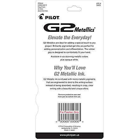Pilot G2 Metallics Gel Pen, Fine Point, 0.7mm, Clear Barrels, Assorted ...